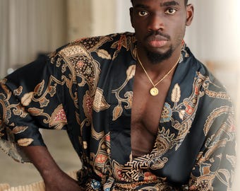 Kimono da uomo in oro nero con tasche, vestaglia di lusso in raso di seta, accappatoio lungo balinese, regalo per marito e fidanzato