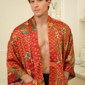 Luxury Men&#39;s Red Silk Blend Kimono Robe, Long Dressing Gown, Satin Robe for Man, Silky Bathrobe, Gift for Him Husband Boyfriend Anniversary