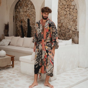 Peignoir kimono en soie de Bali pour homme, robe de chambre longue en satin, robe de chambre confortable avec poches, maxi peignoir surdimensionné, robe de chambre de luxe, peignoir soyeux