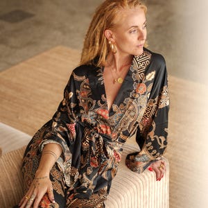 Womens Bali Silk Blend Kimono Robe, Black Gold Long Satin Robe, Floor Length Dressing Gown, Luxury Anniversary Gift for Wife Girlfriend Mom