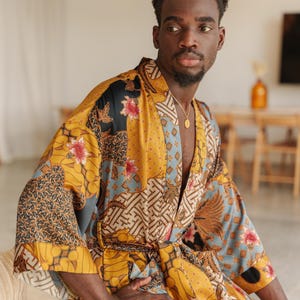 Luxury Silk Blend Kimono Robe for Men, Long Satin Dressing Gown, Anniversary Gift for Husband Boyfriend, Bali Kimono Robe with Pockets