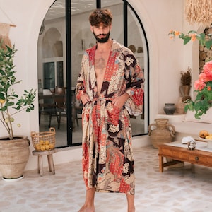 Peignoir kimono en soie de Bali pour homme, longue robe en satin, cadeau d'anniversaire de luxe, peignoir avec poches, cadeau pour lui, peignoir balinais