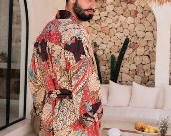 Men's Kimono Robe, Long Satin Dressing Gown, Plus Size with Pockets