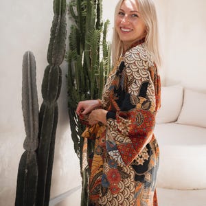 Womens Bali Kimono Robe, Long Silk Blend Robe, Boho Dressing Gown, Sexy Satin Robe, Luxury Gift for Girlfriend Wife Mother, Birthday Present