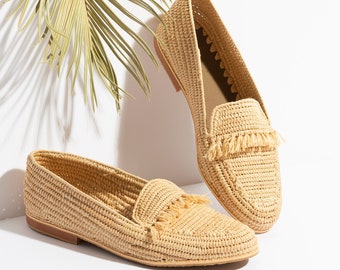 Natural Raffia Loafers / Raffia Moccasins / Raffia Shoes / Moroccan Fringed Shoes / Raffia Sandals / Flat Sandals / Boho Shoes