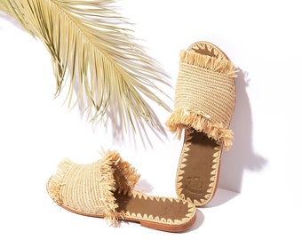 Fringed Raffia Shoes /  Raffia Slippers / Raffia Sandals / Raffia Slides / Moroccan Slippers / Straw Shoes / Flats