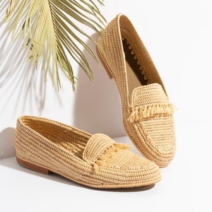 Natural Raffia Loafers / Raffia Moccasins / Raffia Shoes / Moroccan Fringed Shoes / Raffia Sandals / Flat Sandals / Boho Shoes image 1