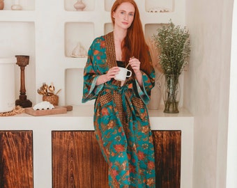 Silk Kimono Robe, Long Satin Robe, Bali Kimono Robe, Indonesian Batik Floral Print Robe, Plus Size Oversized Dressing Gown, Luxury Gift