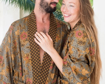 Gray Silk Blend Kimono Robe Handmade in Bali, Unisex Long Holiday Bathrobe with Pockets, Satin Dressing Gown, Gift for Couple, Wife, Husband