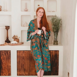 Silk Kimono Robe, Long Satin Robe, Bali Kimono Robe, Indonesian Batik Floral Print Robe, Plus Size Oversized Dressing Gown, Luxury Gift