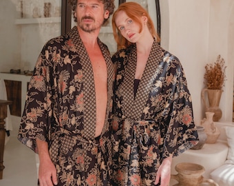 Black Mens Kimono Dressing Gown, Satin Long Bathrobe with Pockets