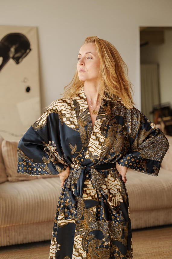 kimono ladies dressing gown Black Gold Satin Robe, Women's Long Silky with Pockets retro denim dress