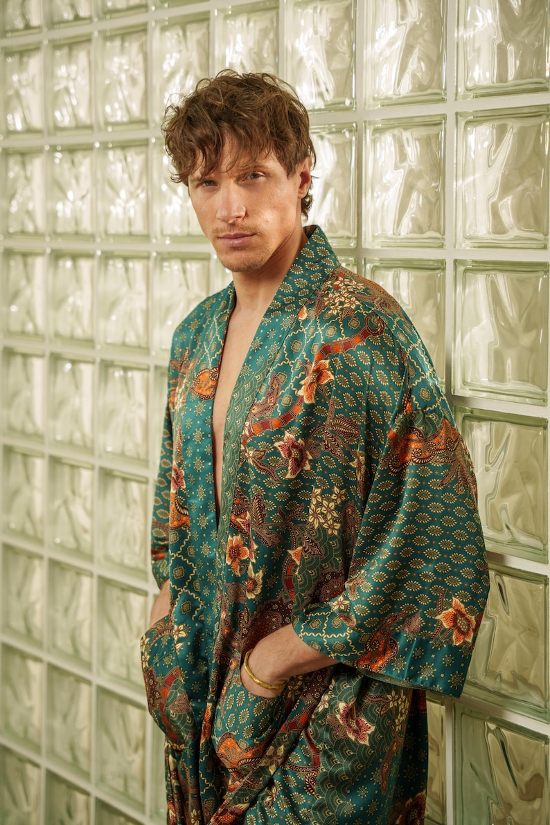 Emerald green mens satin kimono robe with gold batik pattern and pockets