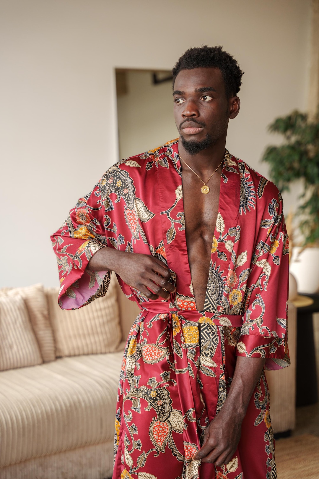 Red Kimono Robe for Men, Long Satin Dressing Gown With Pockets, Bali ...