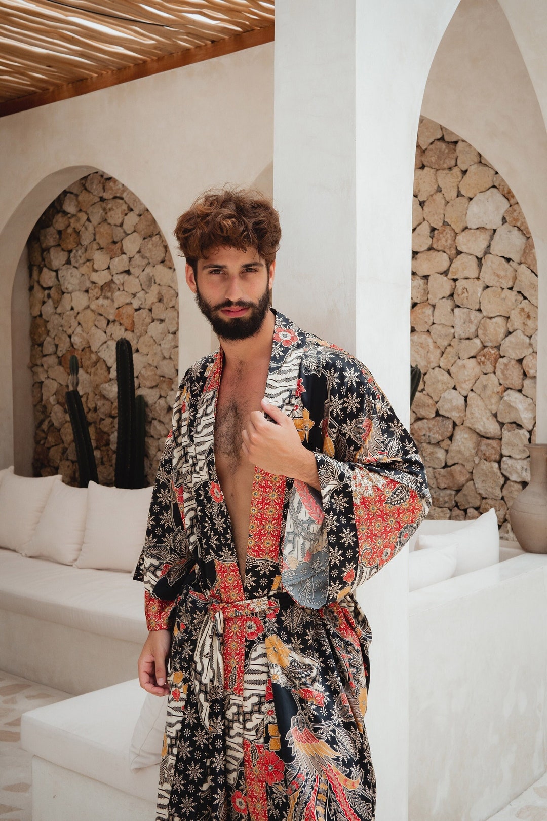 Men's Bali Silk Kimono Robe, Long Satin Robe, Comfy Lounge Robe With ...