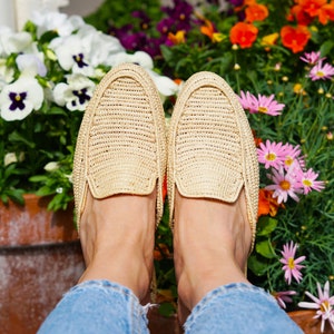 Moroccan Raffia Slide Sandals in flower background