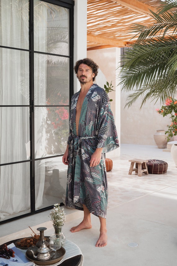 Men's Patterned Satin Nightgown - Luxury Long Sleepwear Robe