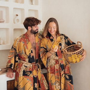 Long silk kimono robe from Indonesian Batik floral fabric