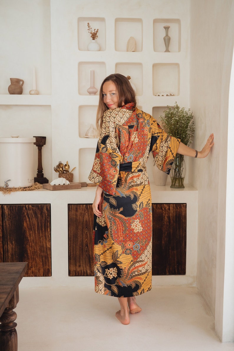 Long silk kimono robe from Indonesian Batik floral fabric