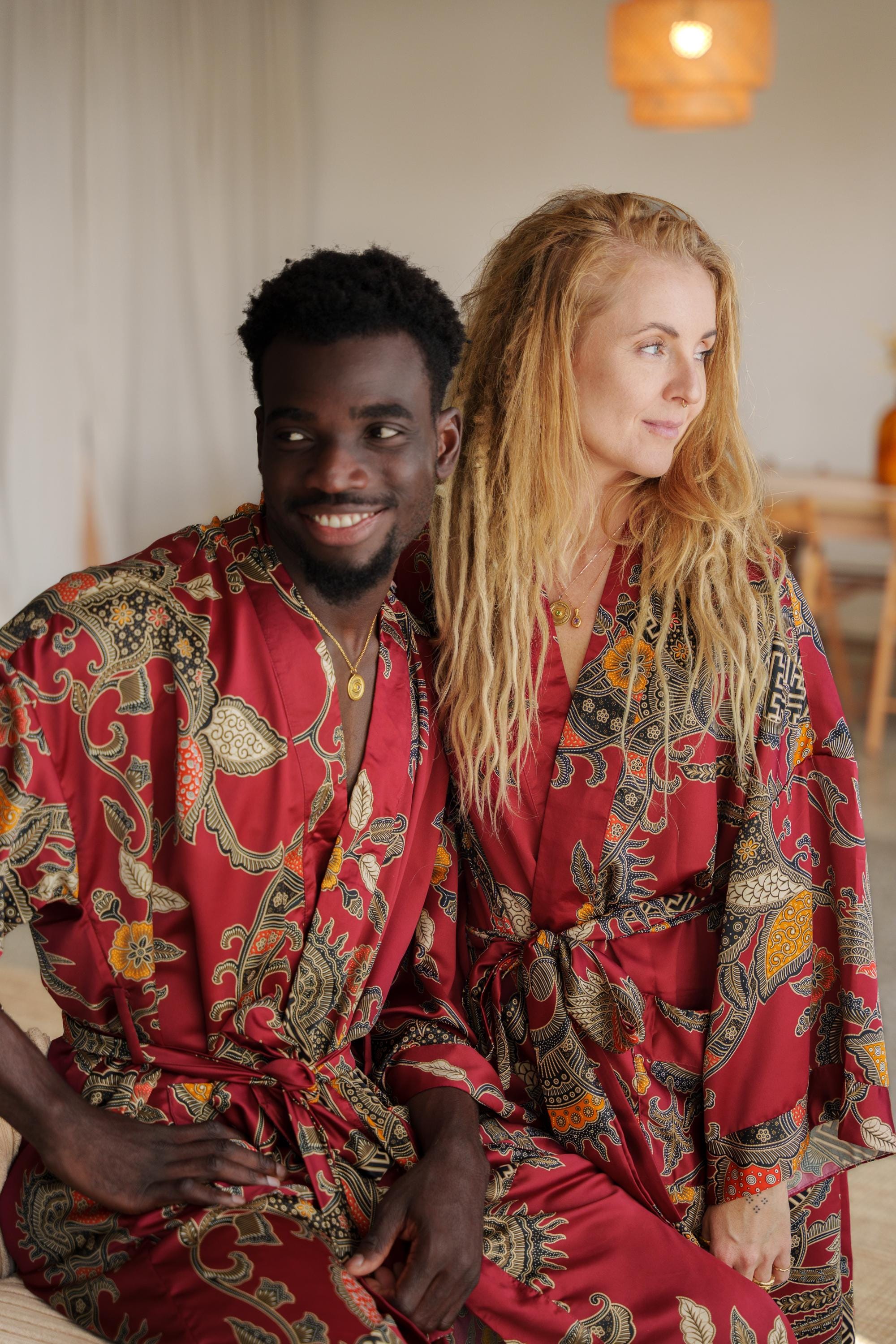 Matching Couple’s Satin Kimono Robe Set, Cherry Red Floral Batik Long ...