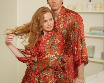 Red Kimono Robe Set of 2 for Couple, Long Satin Dressing Gowns, His and Hers Anniversary Gift, Honeymoon Bathrobes