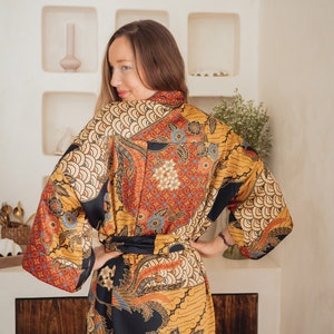 Long silk kimono robe from Indonesian Batik floral fabric