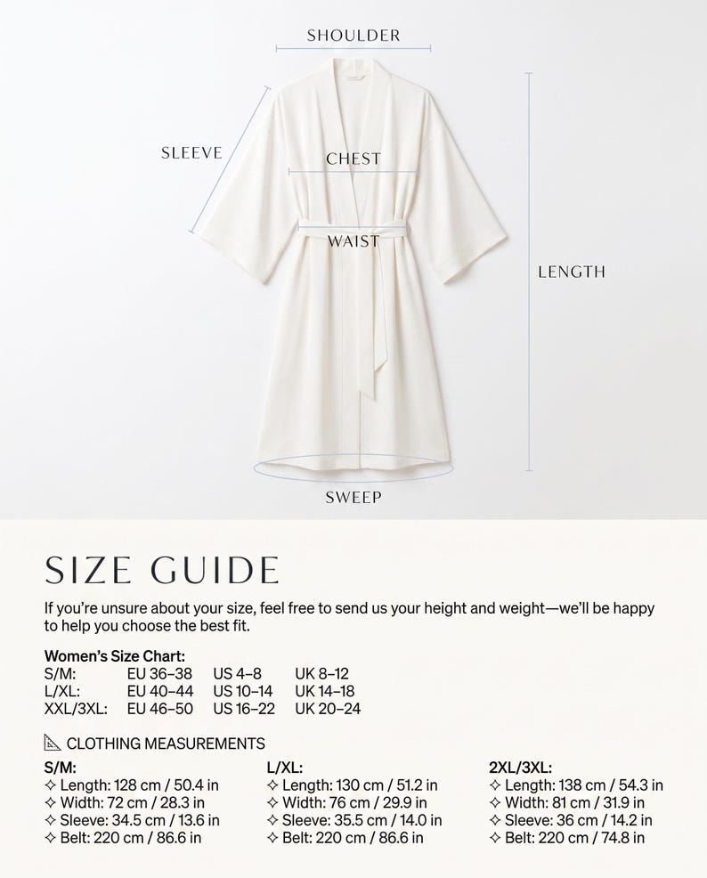 TORÉ women's kimono robe size chart