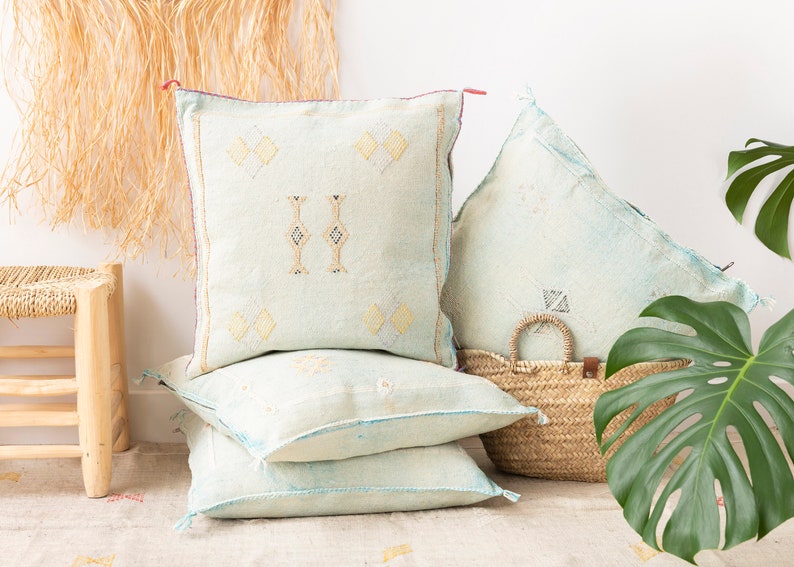 Light Blue Cactus Silk Pillow 19x20 / Sabra Pillow / Moroccan Berber Pillow / Boho Throw Pillow / Boho Cushion / No.241 image 4