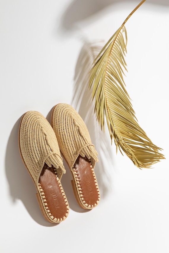 Raffia Sandals Handmade in Morocco, Woven Sandals, Women's Straw Shoes, Artisan flats, Hippie Sandals, Raffia Slides