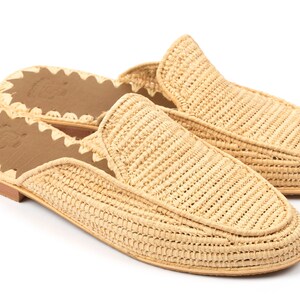 Moroccan Raffia Slide Sandals in white background