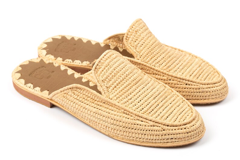 Moroccan Raffia Slide Sandals in white background