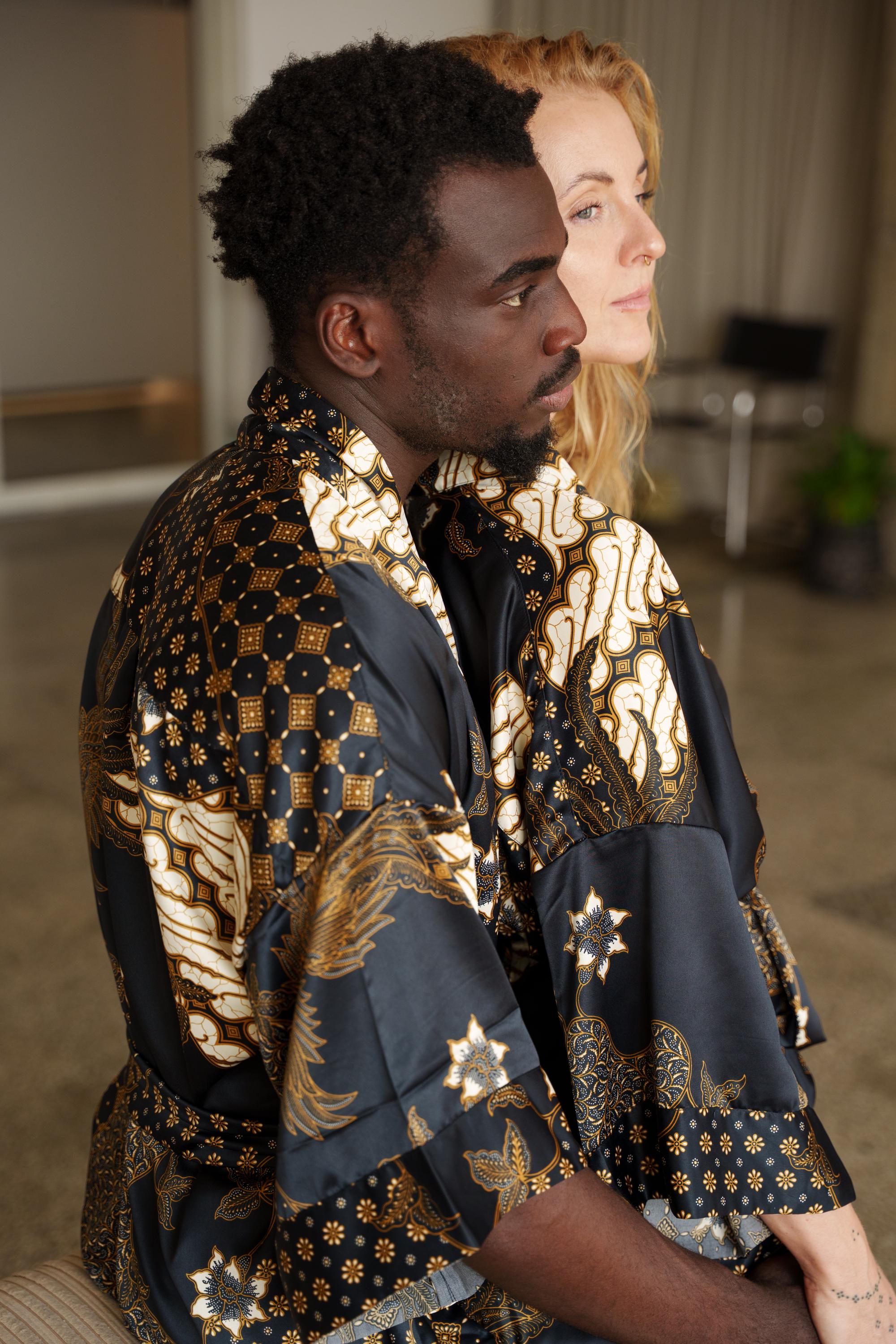 black and gold kimono dress Black Gold Kimono Robe for Men, Long Satin Dressing Gown, Luxury Gift for Husband Boyfriend, Bali Kimono Robe with Pockets