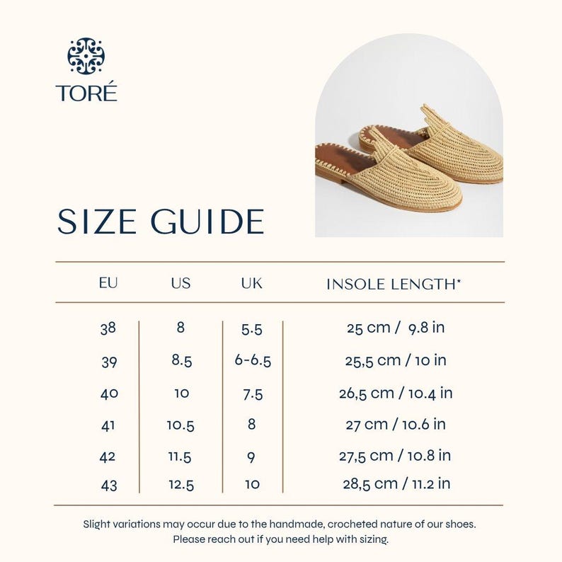 size guide for moroccan raffia sandals TORÉ
