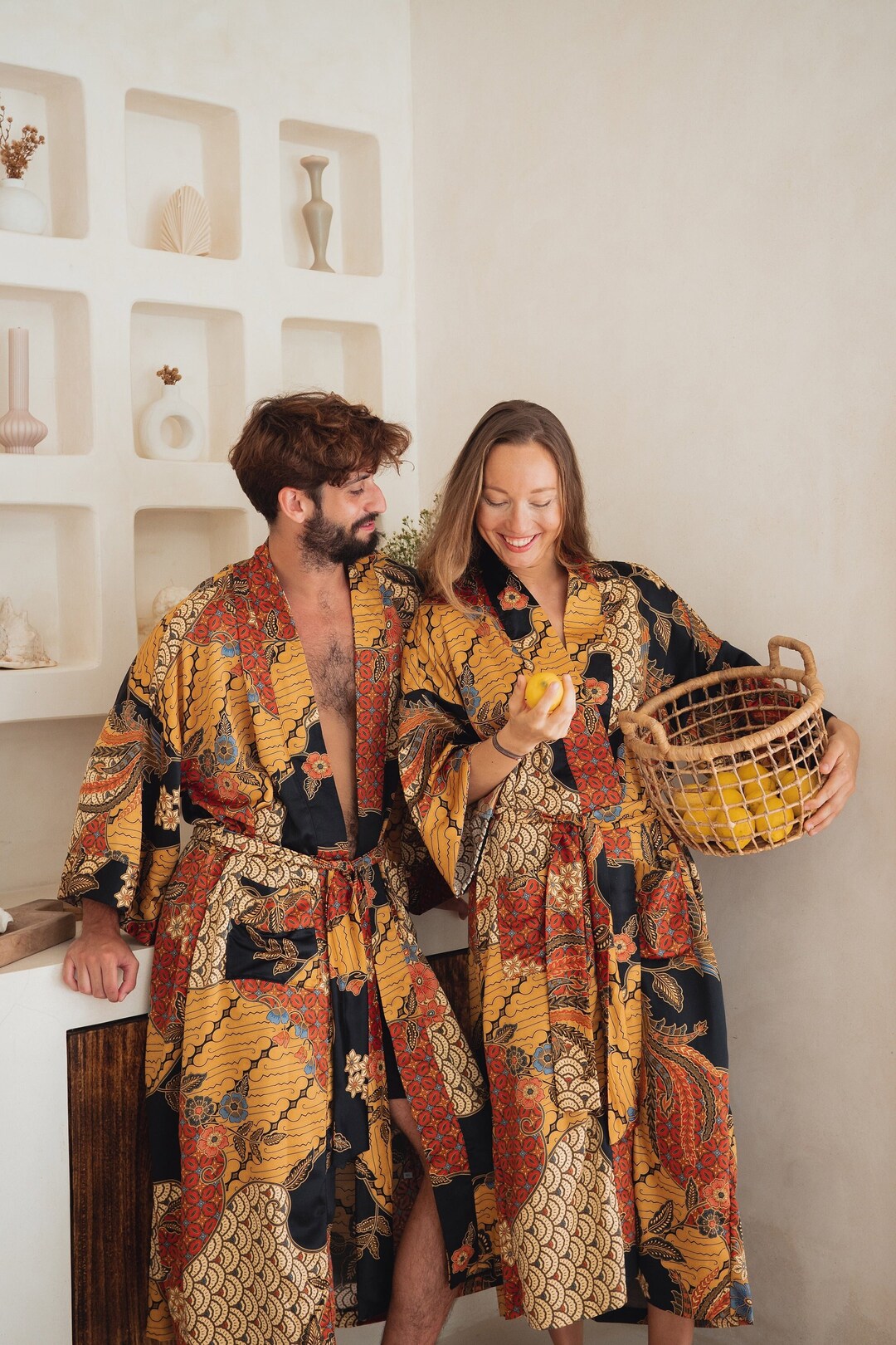 Set of 2 Kimono Robes for Couples, Matching Satin Dressing Gowns ...