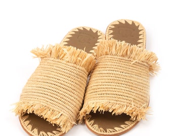 Raffia schoenen met franjes raffia pantoffels raffia sandalen raffia  slippers Marokkaanse pantoffels schoenen van stro platte schoenen