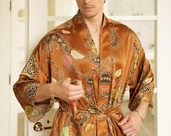 Men’s Kimono Robe, Golden Satin Dressing Gown from Bali, Indonesian Batik Bathrobe with Pockets, Anniversary Gift for Husband Boyfriend Him