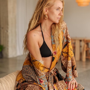 Bali Silk Blend Kimono Robe, Long Satin Robe with Pocket, Floor Length Dressing Gown, Boho Robe, Luxury Gift for Wife Girlfriend Friend