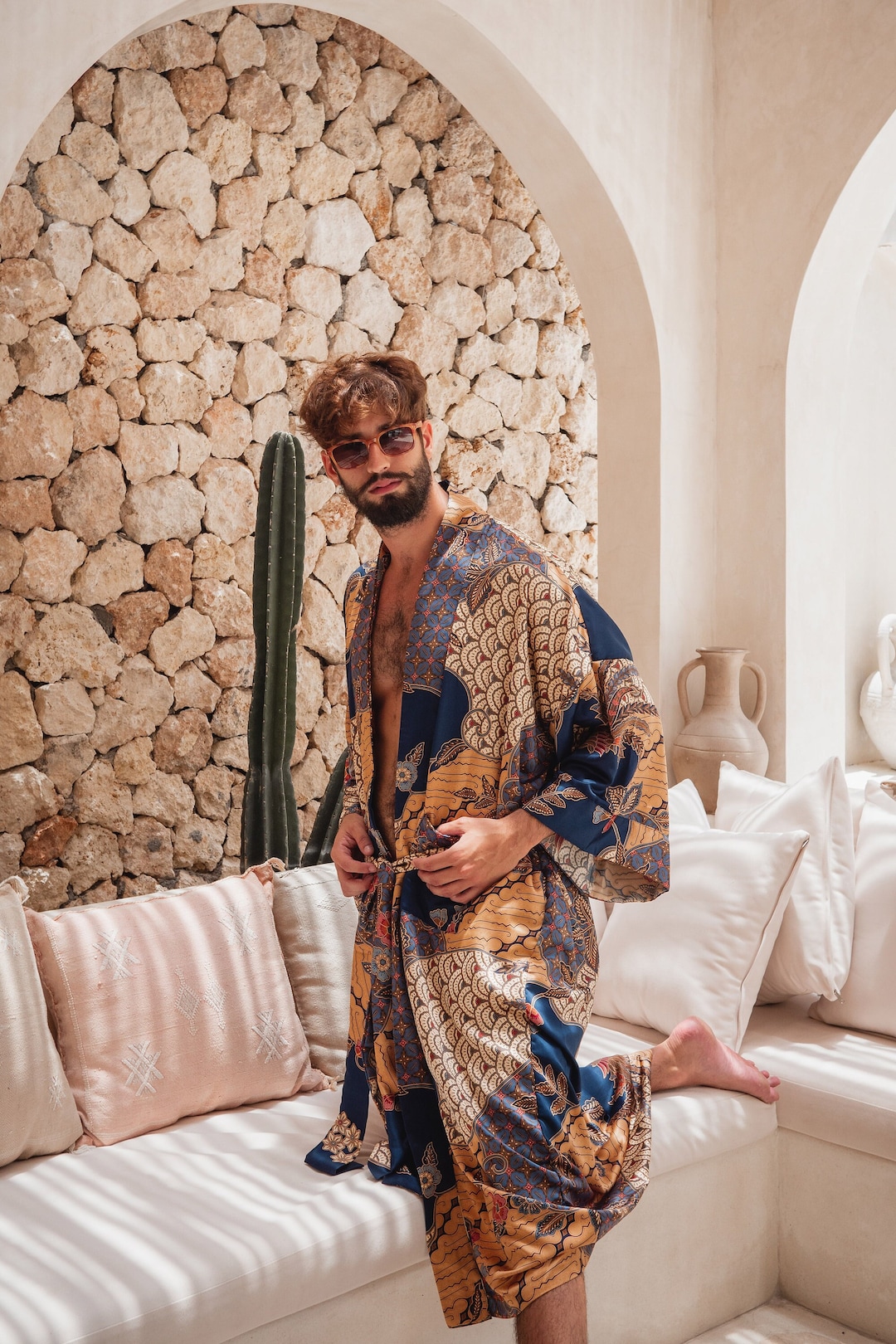 Men's Bali Silk Kimono Robe, Long Satin Robe, Anniversary Gift for Him