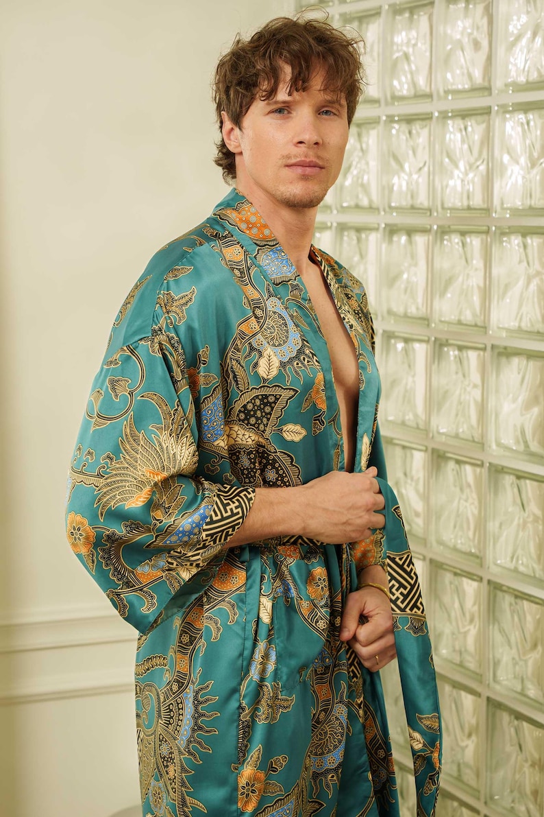 Men's Emerald Green Satin Kimono Robe, Bali Batik Luxury Dressing Gown with Pockets image 14