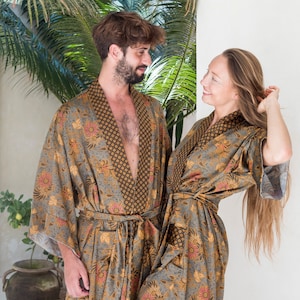 Gray Silk Blend Kimono Robe Handmade in Bali, Unisex Long Holiday Bathrobe with Pockets, Satin Dressing Gown, Gift for Couple, Wife, Husband