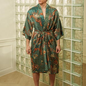 Luxury mens teal satin robe with batik inspired print