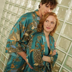 Teal Womens Bali Kimono Robe, Long Satin Dressing Gown, Silk Blend Bathrobe, Boho Floral Silk Robe, Luxury Gift for Women Wife Mother