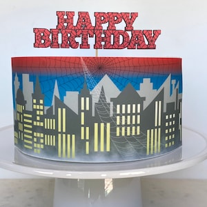 Spider Superhero Cake Decorations // Spider City Skyline Edible Cake Wrap or Web Cake Topper