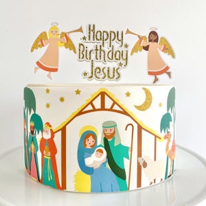 Religious Christmas Edible Cake Wrap or Happy Birthday Jesus Cake Topper