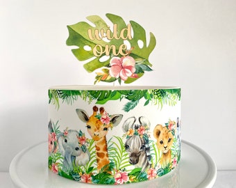 Safari Animals Floral Edible Cake Wrap or Wild One Cake Topper