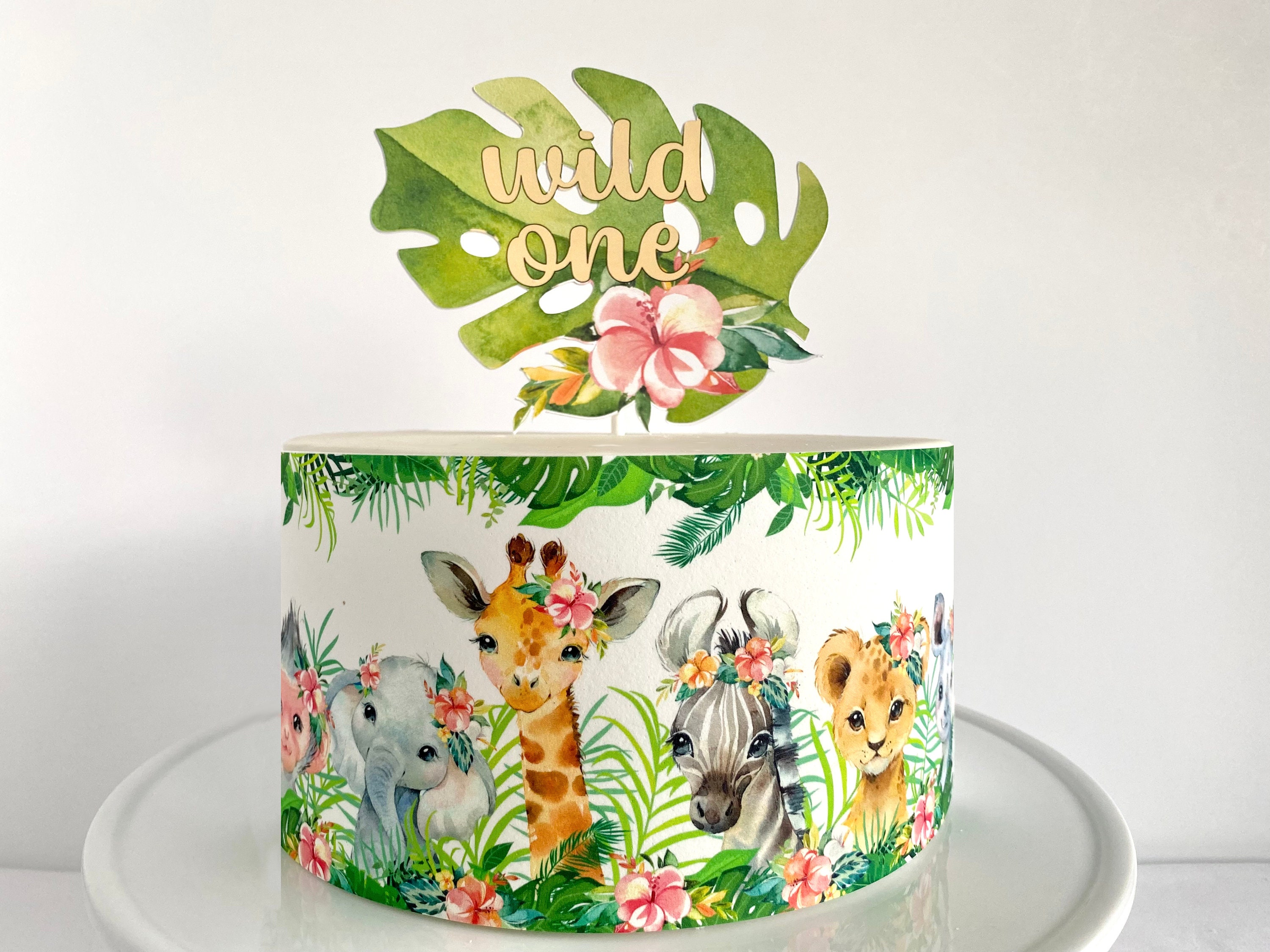 Emballage de gâteau comestible floral animaux de safari ou décoration de gâteau Wild One