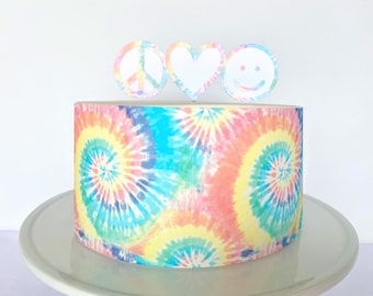 Pastel Tie Dye Edible Cake Wrap & Peace Love Topper