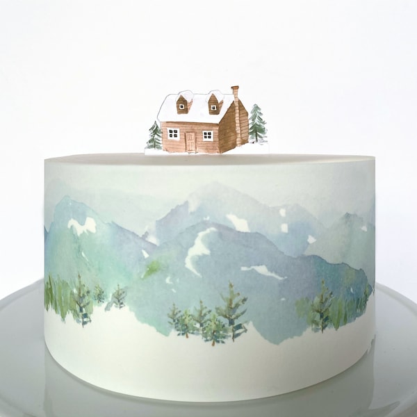 Snowy Mountain Landscape Edible Cake Wrap or Winter Cabin Cake Topper