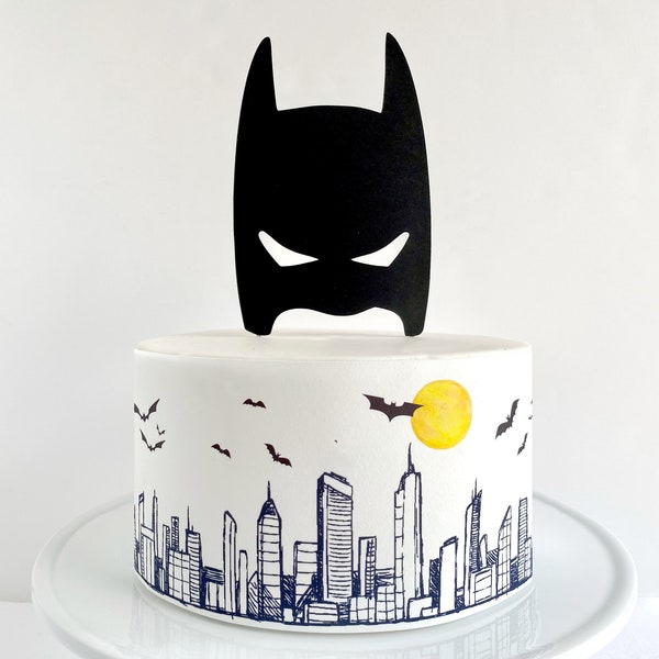 Bat Superhero Cake Decorations // Bat City Skyline Edible Cake Wrap or Bat Mask Cake Topper