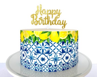 Envoltorio comestible para pastel de limones mediterráneos o adorno dorado para pastel de feliz cumpleaños